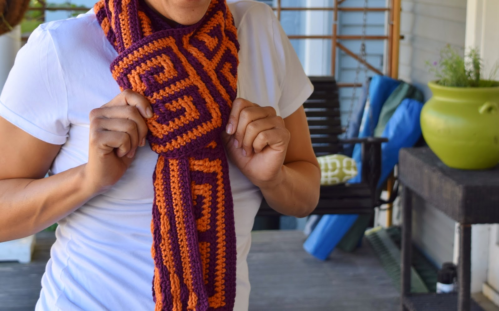 Person wearing the square key scarf